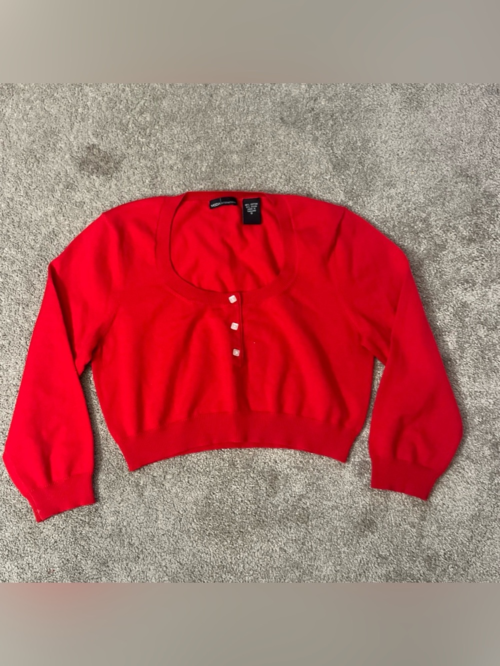 Vintage Moda International Cropped Knit Henley Sweater Red Scoop Neck S